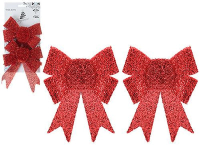 PACK OF 2 13CM X 17CM RED GLITTER TINSEL BOWS