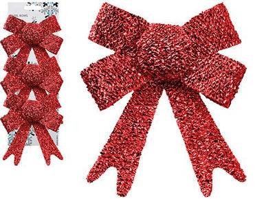 PACK OF 3 RED 10CM X 13CM GLITTER TINSEL BOWS