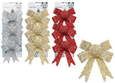 PACK OF 3 ASST. COLOURS 10CM X 13CM GLITTER TINSEL BOWS