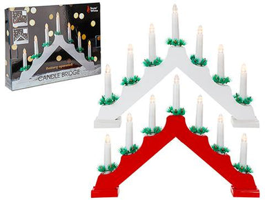 RED/WHITE 7 LED B/OP WOODEN CANDLE BRIDGE