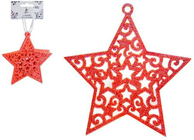 PACK OF 6 RED GLITTER HANGING STARS