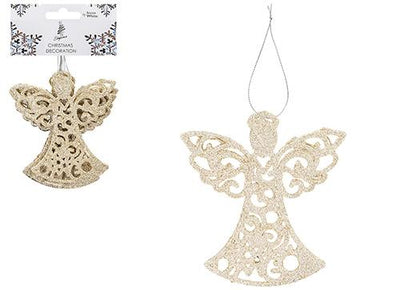 PACK OF 6 CHAMPAGNE HANGING GLITTER ANGELS