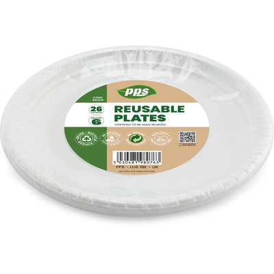 PACK OF 6 WHITE 26CM PLASTIC PLATES