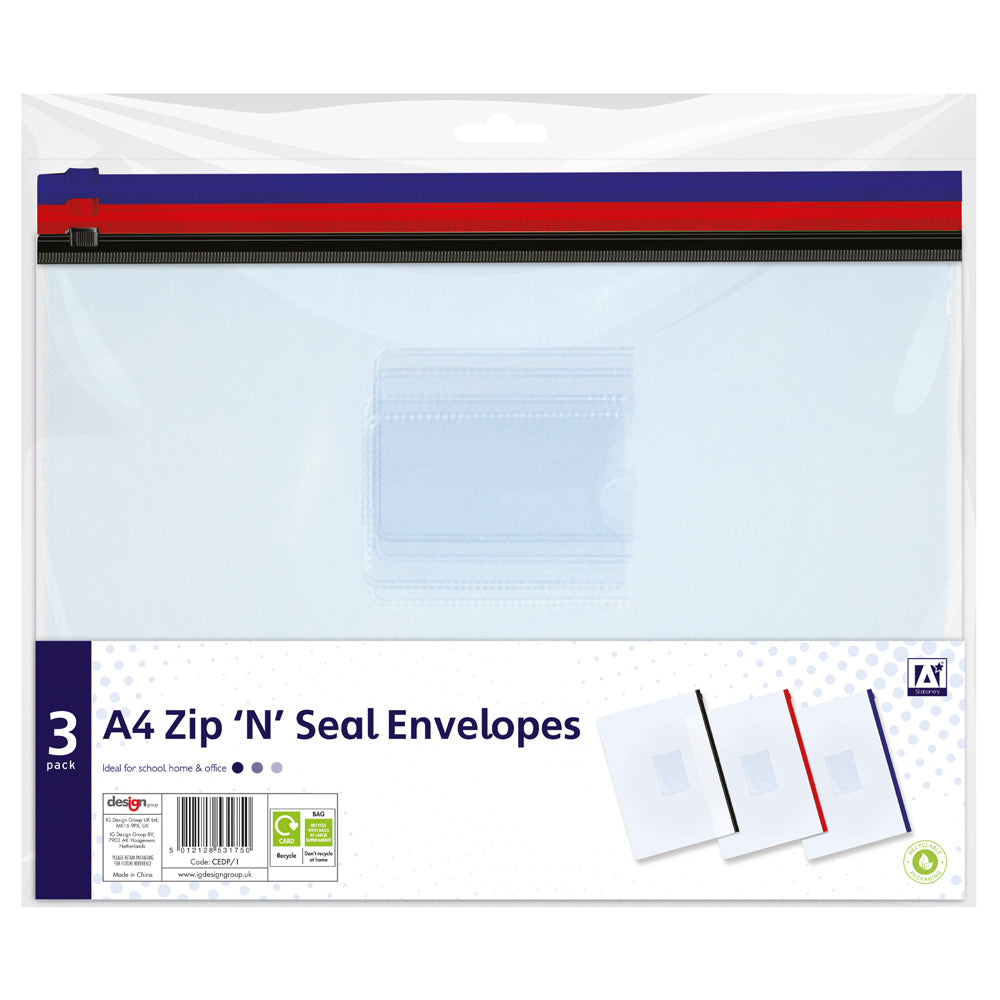 PACK OF 3 A4 ZIP AND SEAL CLEAR ENVELOPES - jfmdistributors