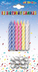 PACK OF 12 SPIRAL ASST. RAINBOW/PINK/BLUE PARTY CANDLES