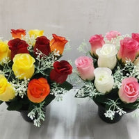 24CM GRAVE POT WITH ROSEBUDS AND MIMOSA;