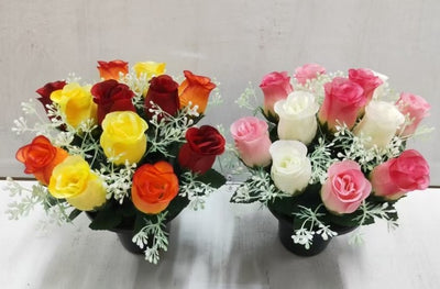24CM GRAVE POT WITH ROSEBUDS AND MIMOSA;