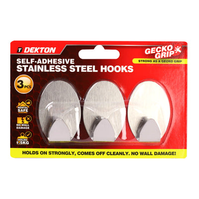 PACK OF 3 OVAL STAINLESS STEEL ADHESIVE HOOKS