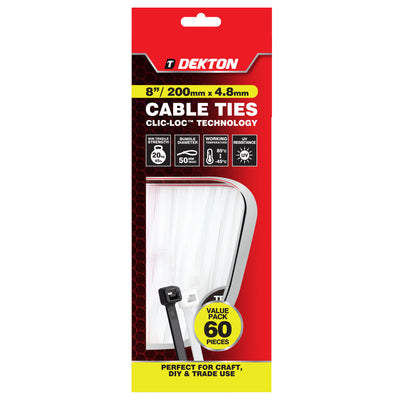 PACK OF 60 4.8MM X 200MM WHITE CABLE TIES