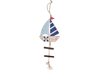 HANGING WOODEN BOAT WITH SEA SHELLS