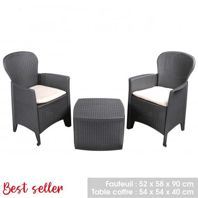 3 PCE GREY PLASTIC GARDEN FURNITURE SET WITH CUSHIONS