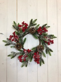 15" FROSTED BERRY AND CONE WREATH