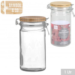 1000ML 20CM BAMBOO LID STRAIGHT GLASS STORAGE JAR